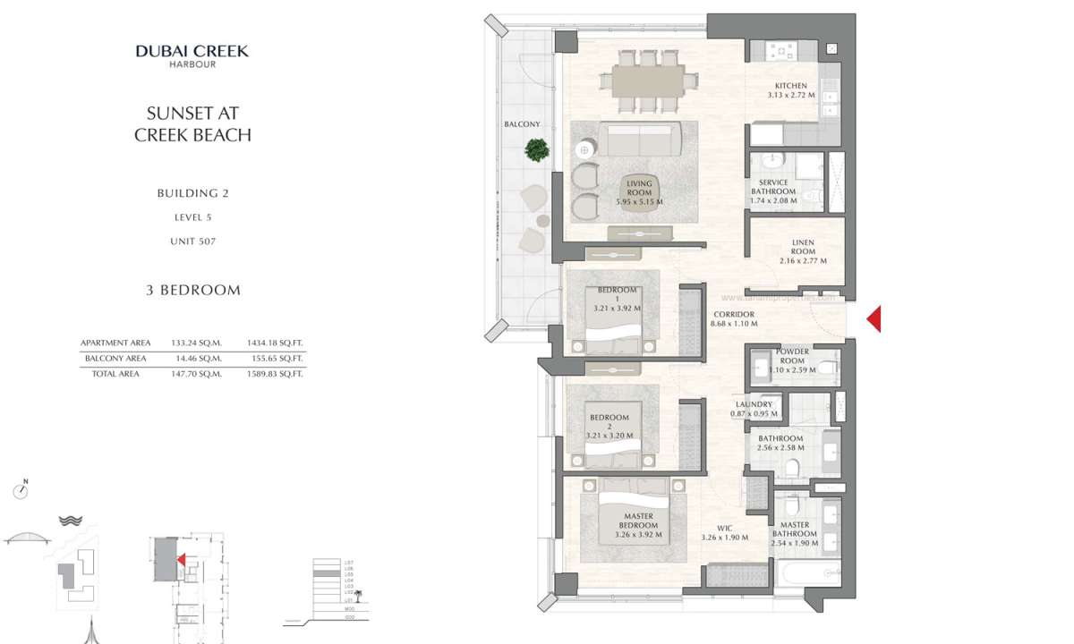 Building 2 - 3 Bedroom Level 5 Unit 507, Size 1589.83 sq ft